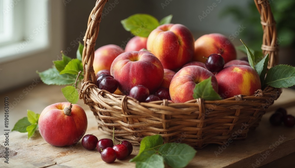 Fresh peaches and cherries in a basket. Concept of healthy eating, organic food, and summer harvest. Fresh peaches and cherries in a basket. Concept of healthy eating, organic food, and summer harvest.