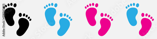 Set of baby footsteps different style. Boy and girl footprints pink, blue and black color isolated on a white background. Pairs of pink and blue footprints. Flat style. Vector illustration.