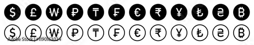 Set of international currency vector sign symbol. World currency silhouette and line icons set isolated on a white background. Flat style. Vector illustration.