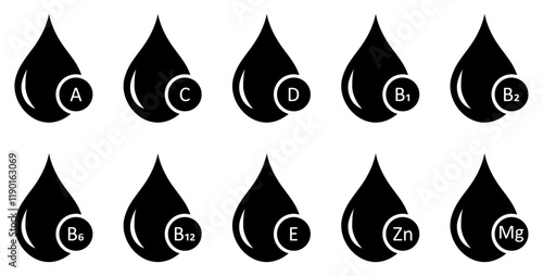 Multi vitamin complex vector set isolated. Multivitamin supplement b1, d, e, mg, c, zinc, magnesium. Set of multi vitamin complex with water drops flat design. Vector illustration.