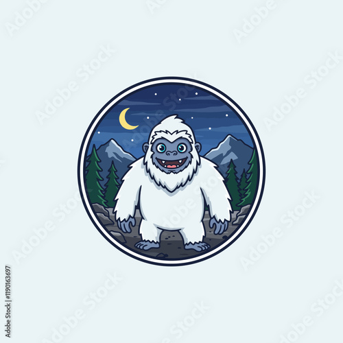 A cheerful cartoon yeti stands against a backdrop of a nighttime snowy mountain landscape.