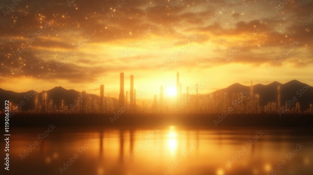 Naklejka premium Dawn at aidriven refinery industrial landscape metallic surfaces tranquil waters urban development energy transformation