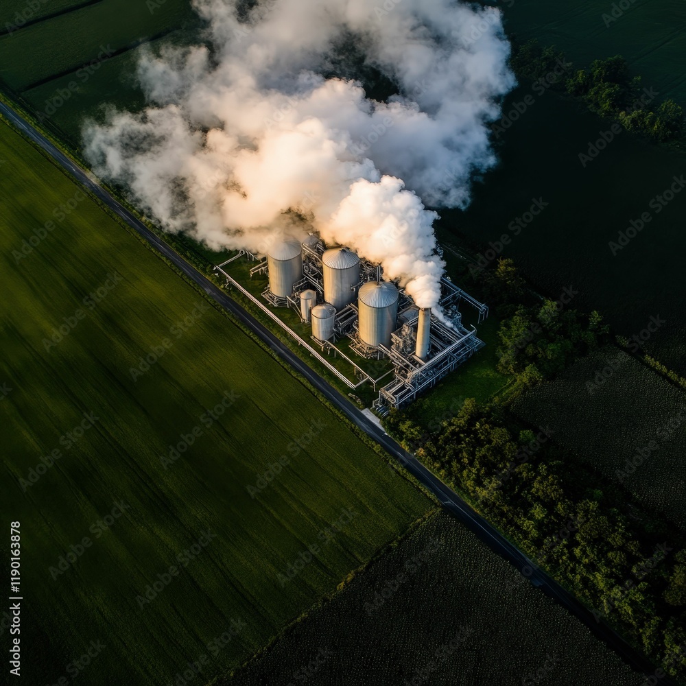 Fototapeta premium Aerial view of biofuel plant in green landscape sustainable energy production eco-friendly environment industrial concept
