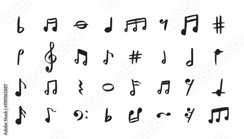 Notes doodle set hand drawn with a black pen. Sketch music drawing note 