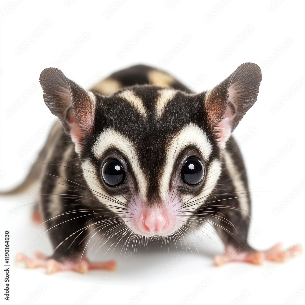 Fototapeta premium Adorable sugar glider posing, white background, wildlife pet