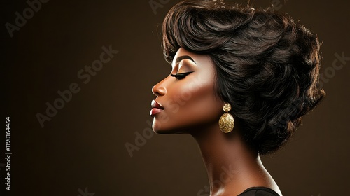 Side view of a beautiful woman with a stylish bob and golden earring, her flawless makeup emphasizing her features against a dark brown background