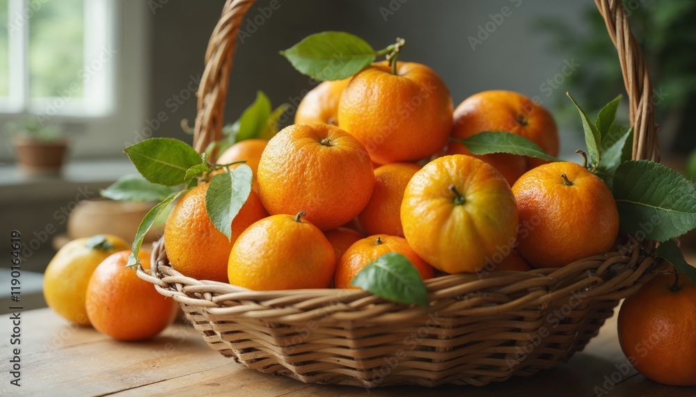 Fresh orange in wicker basket on wooden table. Concept of healthy eating and organic food. Fresh orange in wicker basket on wooden table. Concept of healthy eating and organic food.