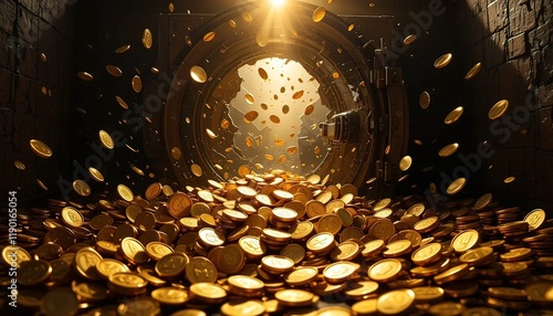 A vault door opens, with golden coins overflowing, illuminated by a bright light