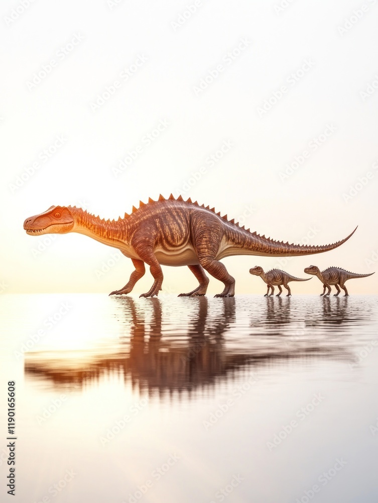 Fototapeta premium Dinosaur family walking at sunset, prehistoric landscape, educational illustration