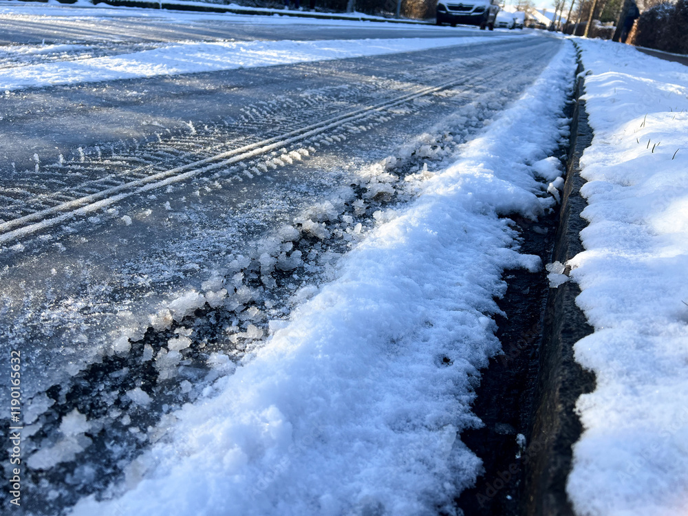 Close up of car tire tracks on a road covered with snow in winter Close up of car tire tracks on a road covered with snow in winter