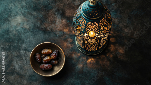 Ornate lantern with glowing light and a bowl of dates on a textured surface in a dramatic composition photo