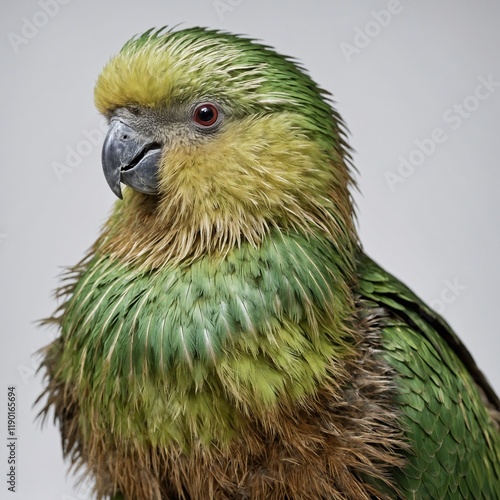 A Kakapo with its feathers glowing iridescently, white background. photo