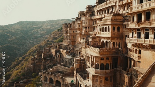 Stunning architecture of Neemrana Fort in Rajasthan, with intricately carved arches and terraces, overlooking the lush Aravalli hills photo