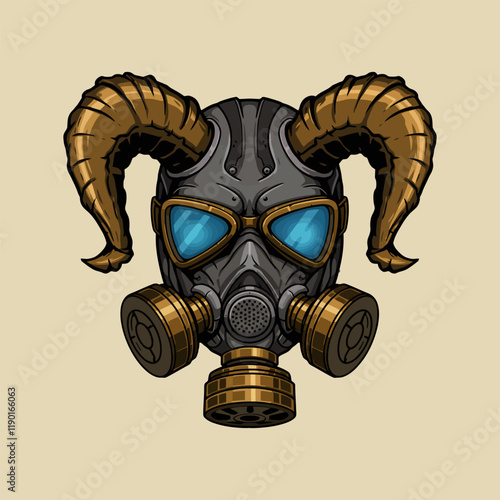 A stylized illustration depicts a steampunk gas mask adorned with large horns, creating a unique and powerful visual.