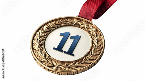 Eleventh-place gold medal, red ribbon, isolated, award photo