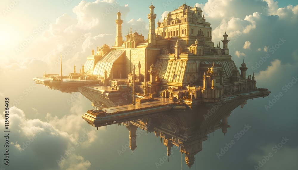 Fototapeta premium Golden fortress floating above the clouds, a majestic scene of fantasy and adventure. Generative Ai