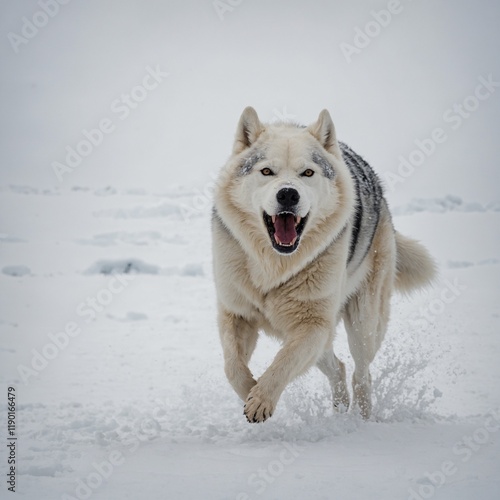 A fierce Arctic dog growling playfully, white background.

 photo