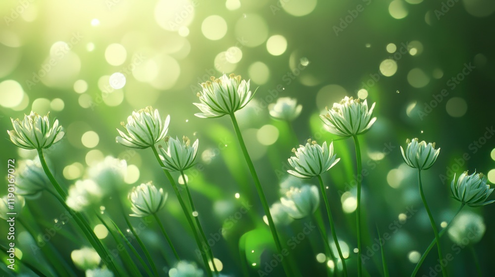 Fototapeta premium Sunlit meadow with delicate white flowers and bokeh.