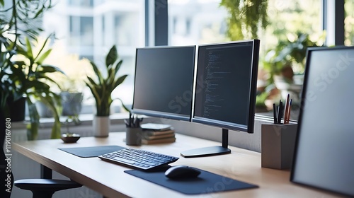 Wallpaper Mural Modern Minimalist Home Office Setup with Dual Monitors and Greenery Torontodigital.ca