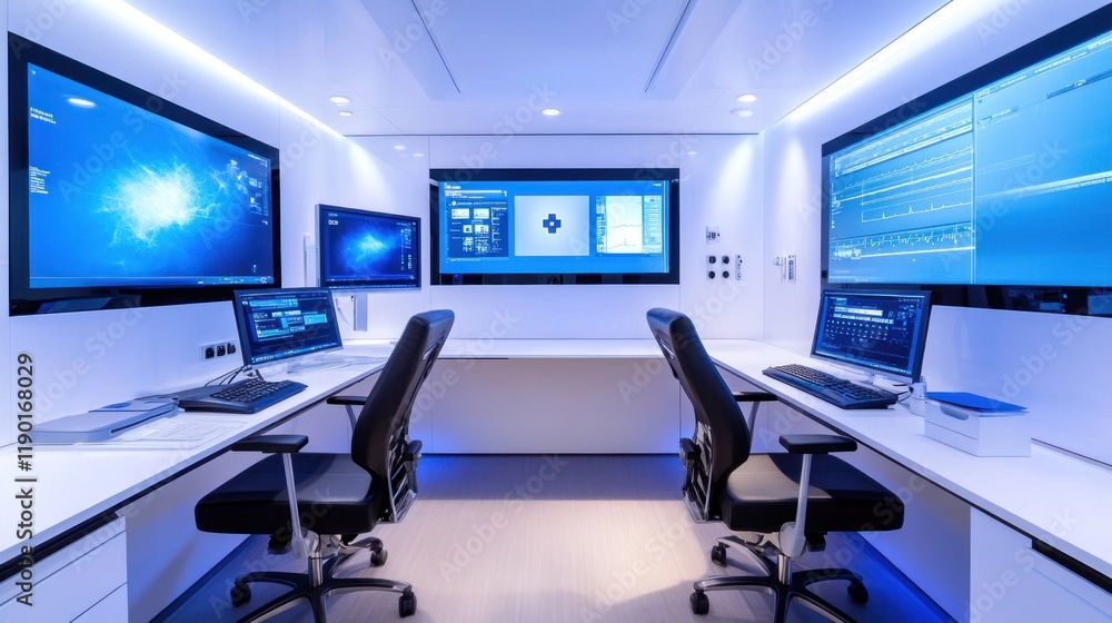 High-Tech Command Center: Modern Control Room with Multiple Screens and Ergonomic Workstations High-Tech Command Center: Modern Control Room with Multiple Screens and Ergonomic Workstations