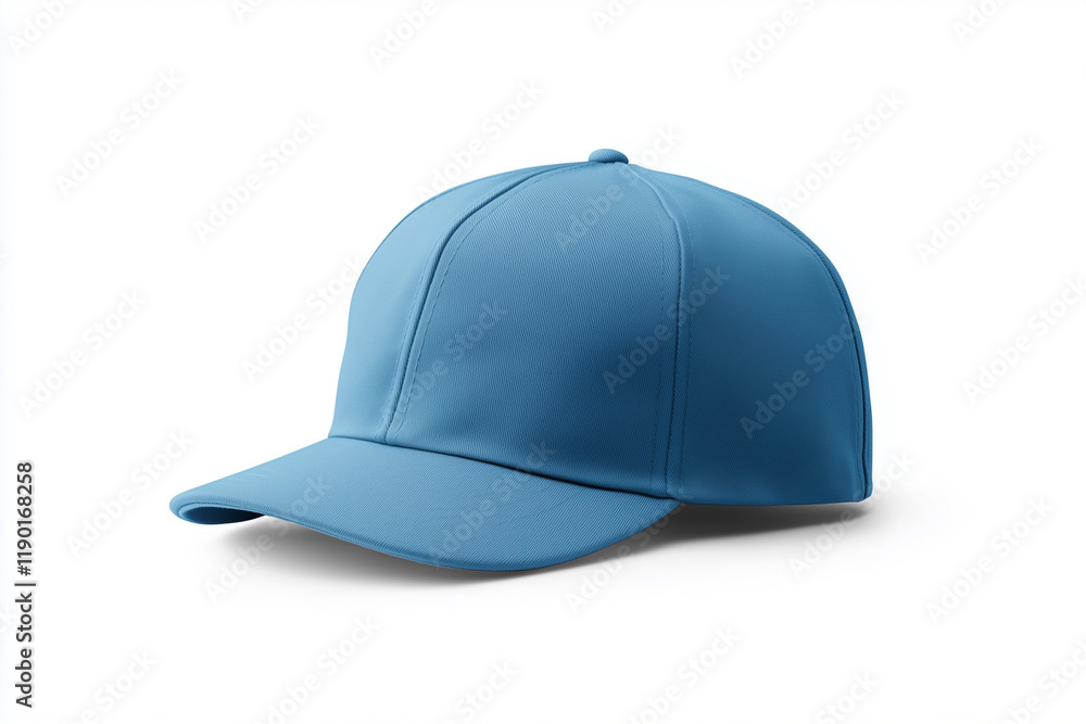 blue baseball cap with a white background. The hat is sitting on a white surface blue baseball cap with a white background. The hat is sitting on a white surface