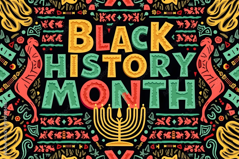 Fototapeta premium Colorful typography of black history month letters on seamless Neo geometric pattern background.