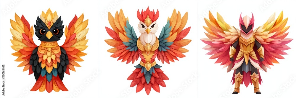 Fototapeta premium Three vibrant, stylized bird figures with colorful plumage, each sporting unique designs and striking poses, embodying creativity and artistry.