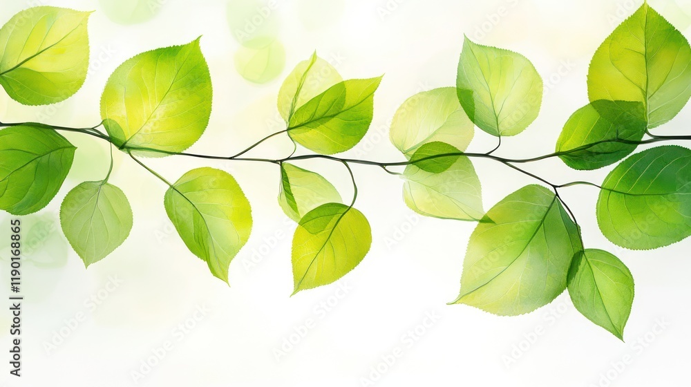 Obraz premium Lush green leaves branch on bright background.