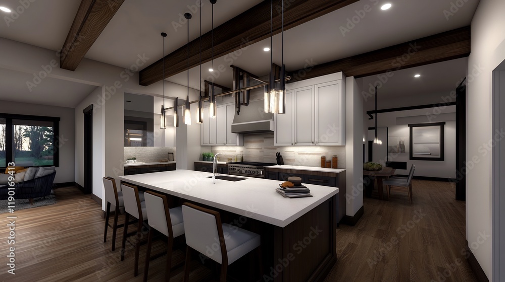 Fototapeta premium Modern Farmhouse Kitchen Design: Open Concept Living Space with Island