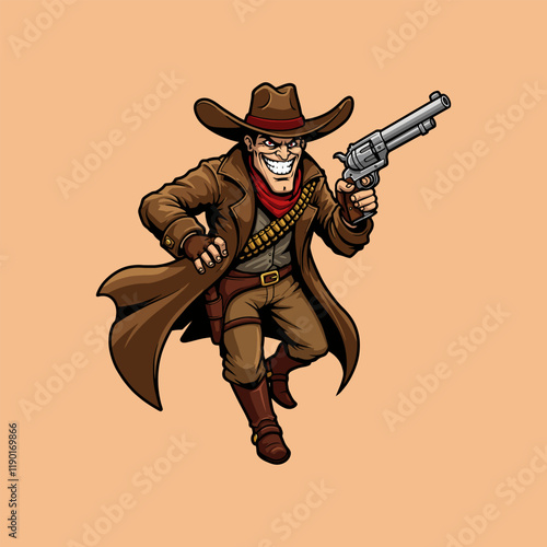 A menacing cartoon cowboy runs, brandishing a revolver in a wild west themed illustration.