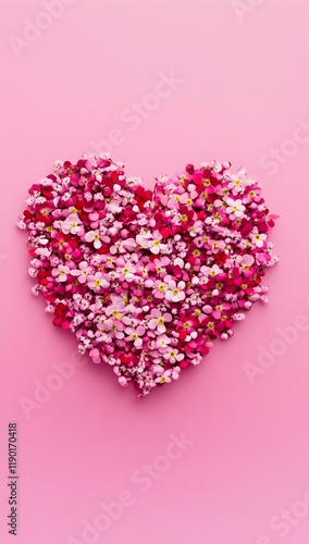 a heart shape created from tiny, fresh pink, red, and white flowers arranged on a light magenta background. valentine’s day, love and heart, love banner
