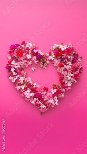 a heart shape created from tiny, fresh pink, red, and white flowers arranged on a light magenta background. valentine’s day, love and heart, love banner