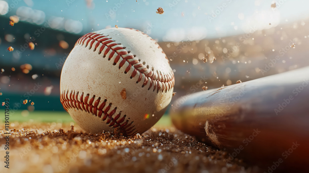 High-Quality Close-Up of a Baseball Hitting Ground with Dust Particle