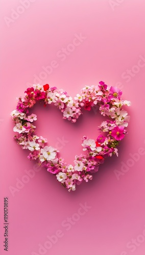 a heart shape created from tiny, fresh pink, red, and white flowers arranged on a light magenta background. valentine’s day, love and heart, love banner