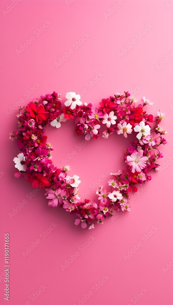 a heart shape created from tiny, fresh pink, red, and white flowers arranged on a light magenta background. valentine’s day, love and heart, love banner
