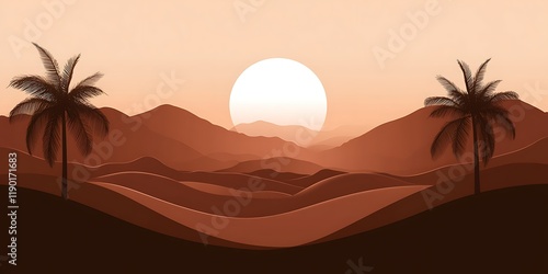 Desert sunset landscape, palm trees, dunes.  Website background