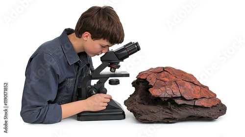 Young Boy Observing a Rock Through a Microscope in a Science Studio Setting