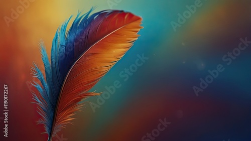 A striking feather displays vivid orange and blue tones elegantly positioned against a gradient background reflecting soft evening light and tranquility photo