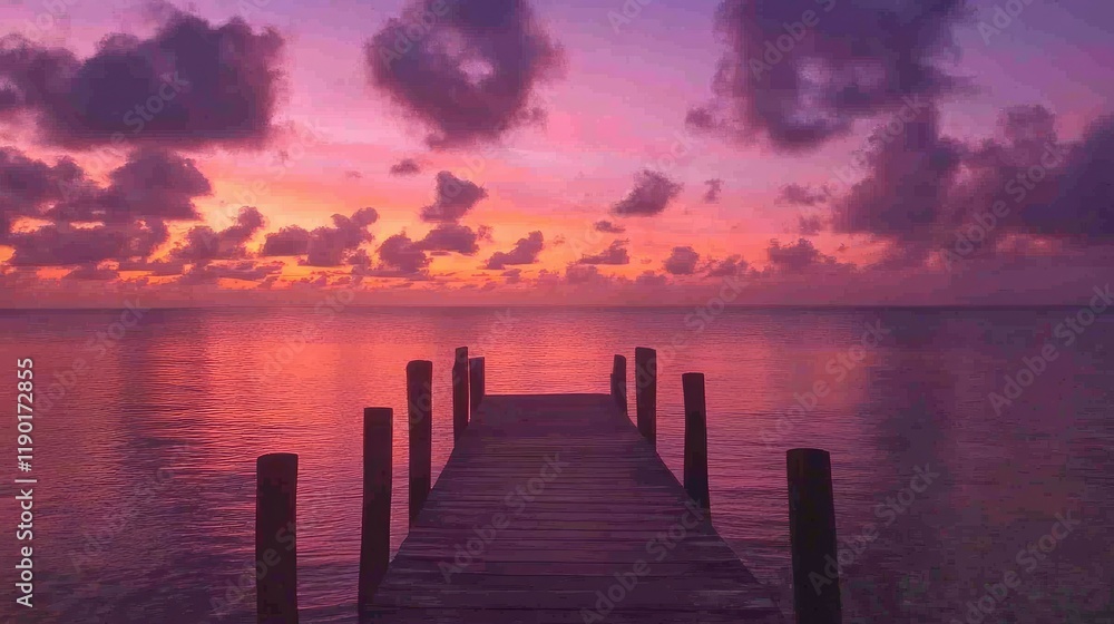 Fototapeta premium A silhouetted dock stretching into the water, with the evening sky ablaze in pinks, purples, and oranges at twilight.