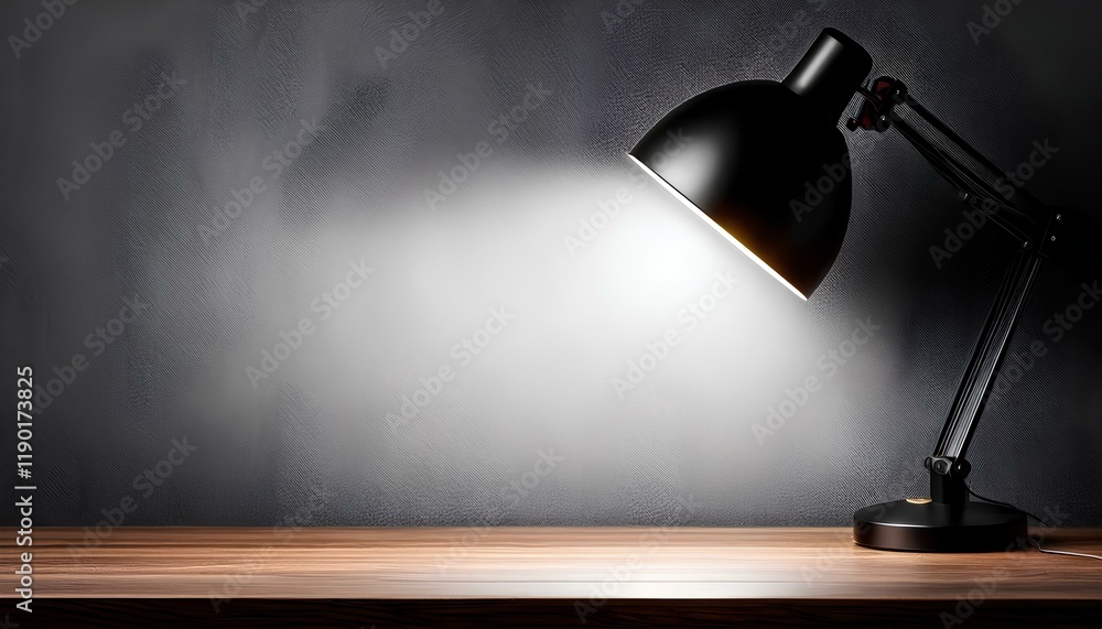 spotlight on the table. Black table lamp on wooden table with gray wall background spotlight on the table. Black table lamp on wooden table with gray wall background