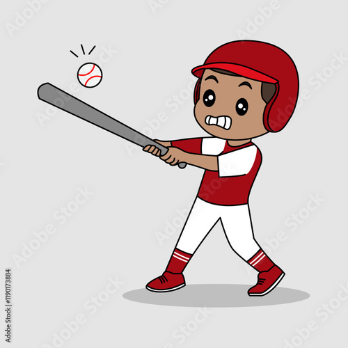 Vector design of cute little kid training and playing baseball.