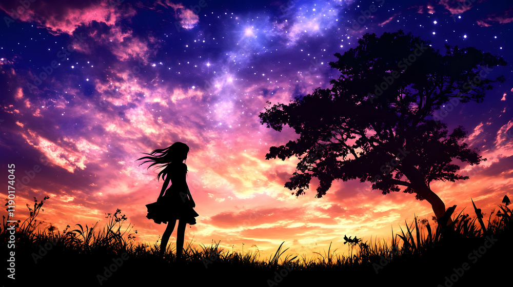 A girl enjoys the midnight sky and lofi tunes a peaceful illustration A girl enjoys the midnight sky and lofi tunes a peaceful illustration