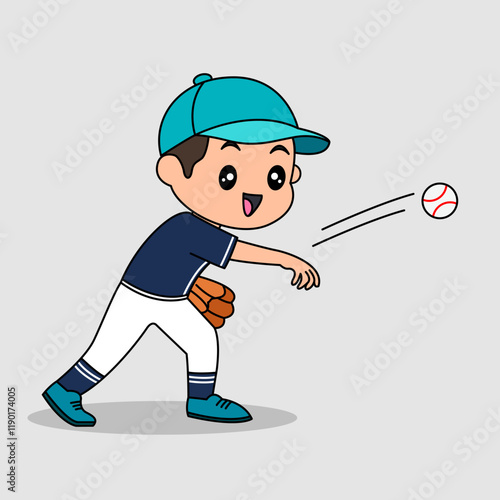 Vector design of cute little kid training and playing baseball.