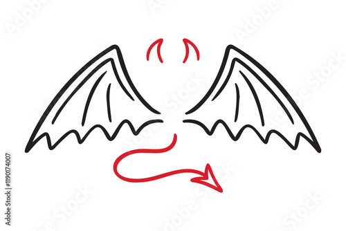 demon wings, sharp tail and horns doodle hand drawn icon set. Outline drawing demon wings, sharp tail and horns line clipart symbol collection