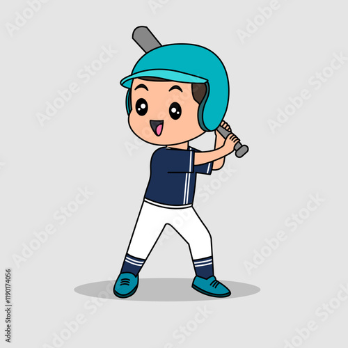 Vector design of cute little kid training and playing baseball.