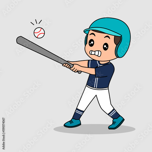 Vector design of cute little kid training and playing baseball.