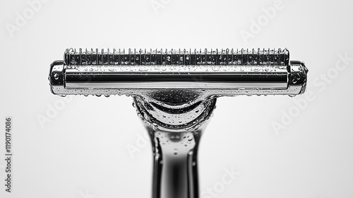 A silhouette element features a double-edged razor blade in black and white against a clean background