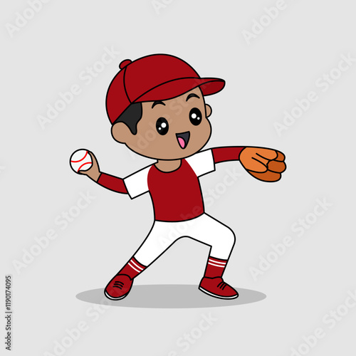 Vector design of cute little kid training and playing baseball.