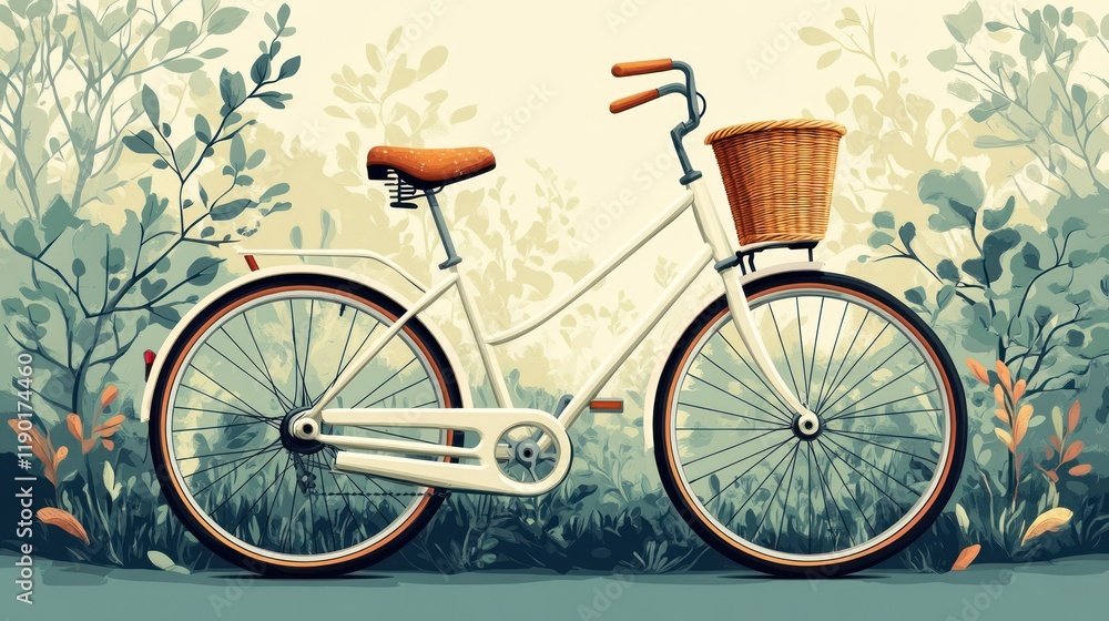 Fototapeta premium White bicycle with wicker basket in nature.
