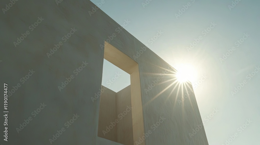 Bright sunlight shining through a sleek opening in a white cement wall, forming dramatic shadow patterns and ample space for text. Bright sunlight shining through a sleek opening in a white cement wall, forming dramatic shadow patterns and ample space for text.